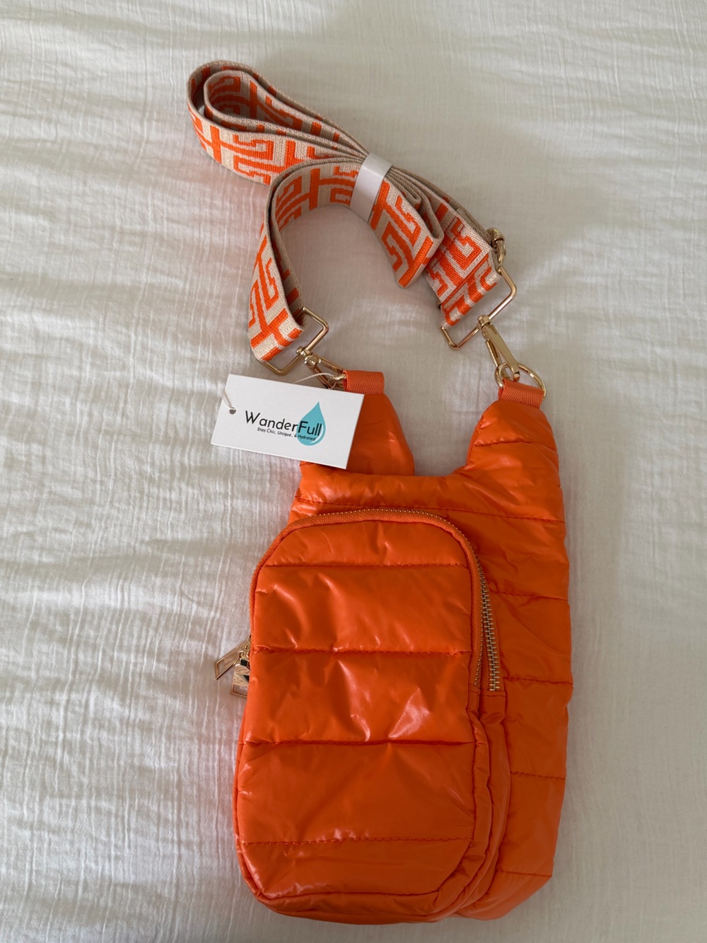 Wanderfull Bright Orange Quilted Crossbody with Patterned Strap